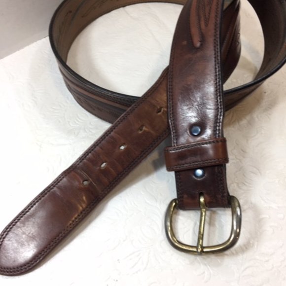 Original Larry Malan's Leegin Brown Leather Stitched Overlay Rodeo Belt Size 44 - Picture 6 of 14